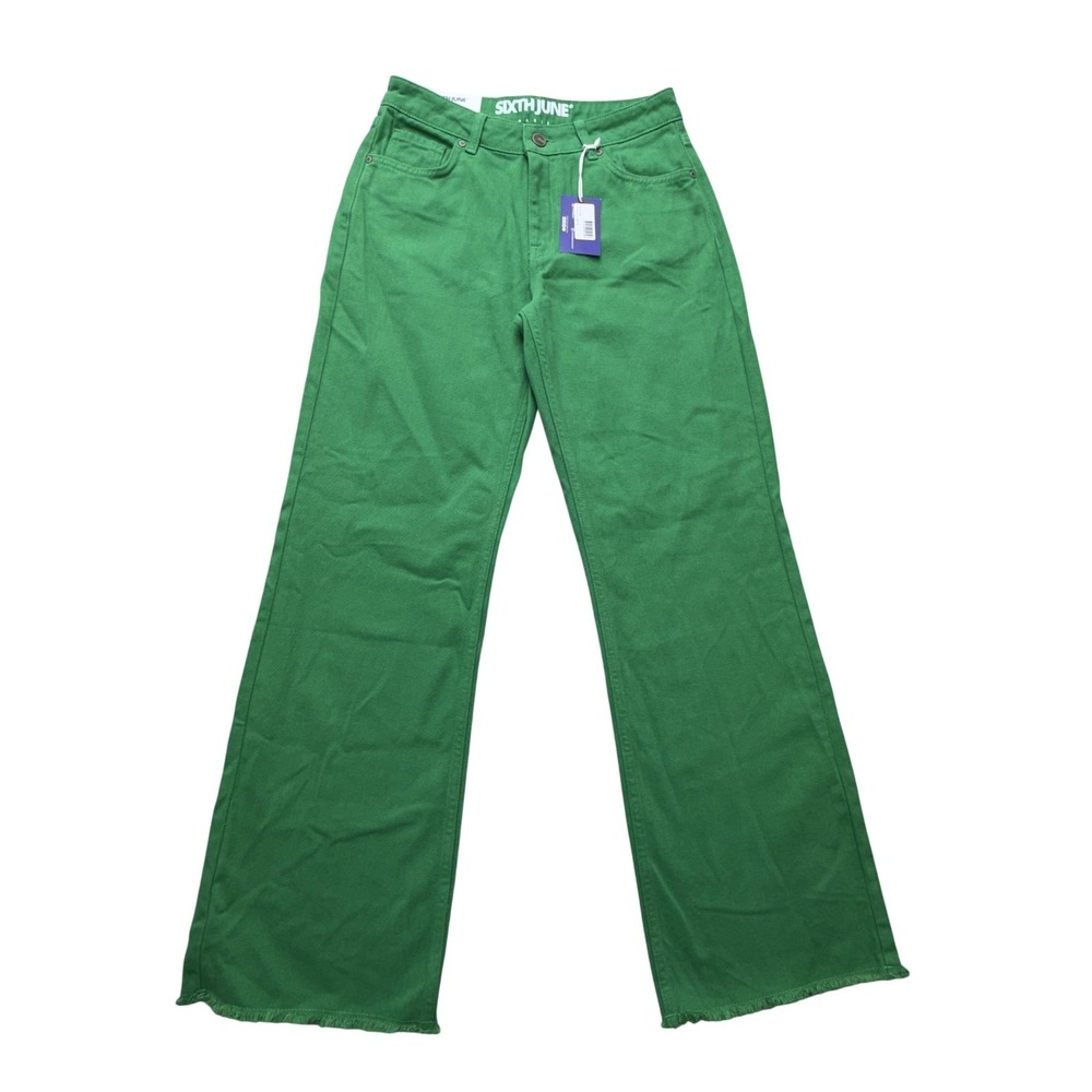 Sixth June Wide Leg Jeans Womens 28 Green High Rise Raw‎ Hem Frayed Denim